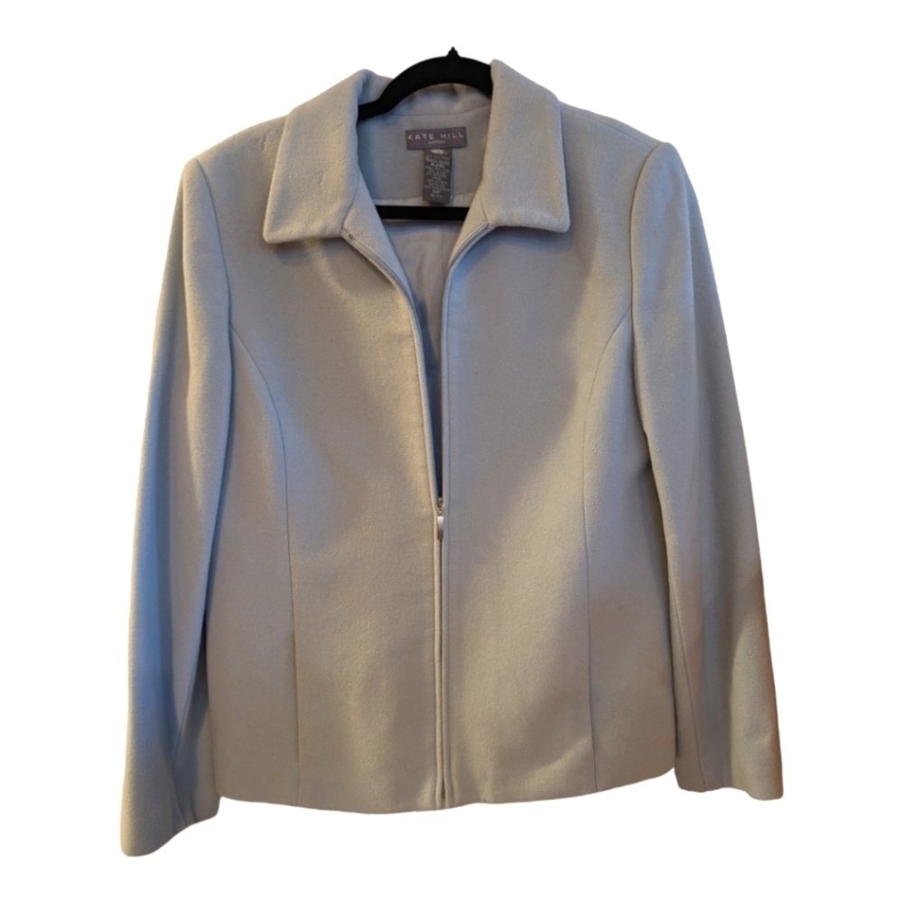 Kate Hill Wool Cashmere Blend Light Blue Zip Front Jacket Size 12P Flaws